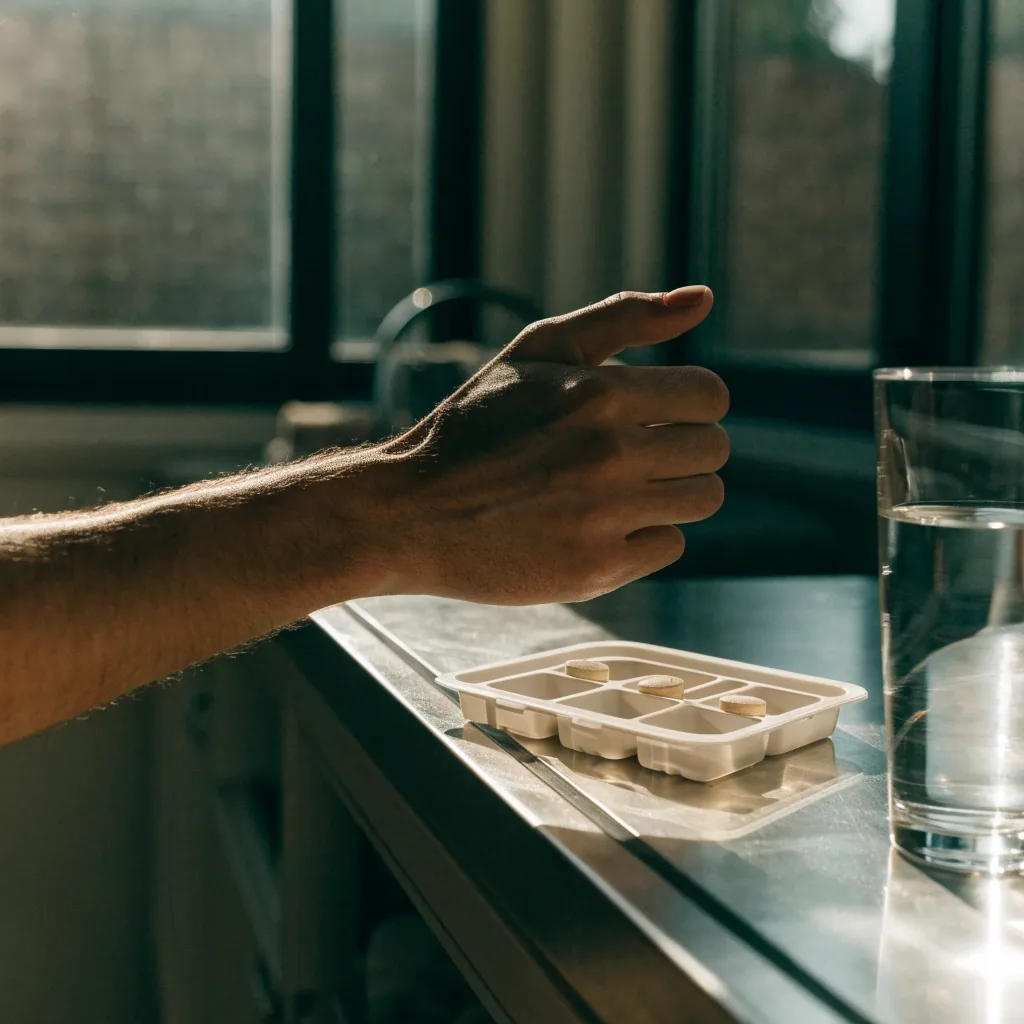 An open compartmented pill tray with single tablets beside a water glass on a morning counter, a man's hand entering the frame